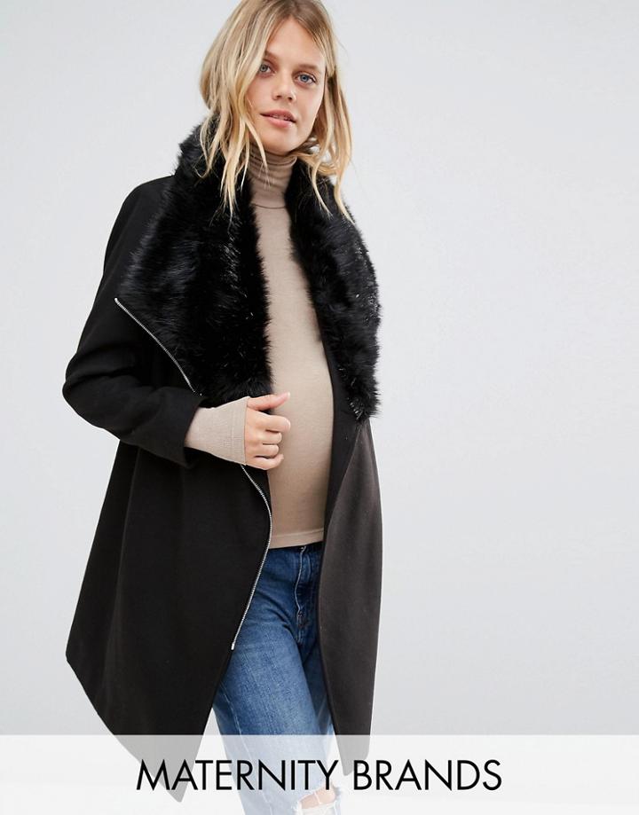 New Look Maternity Faux Fur Belted Drape Jacket - Black