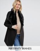 New Look Maternity Faux Fur Belted Drape Jacket - Black