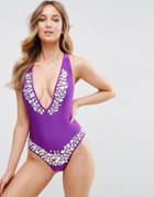 Asos Glimmer Jewel Embellished Plunge Swimsuit - Purple