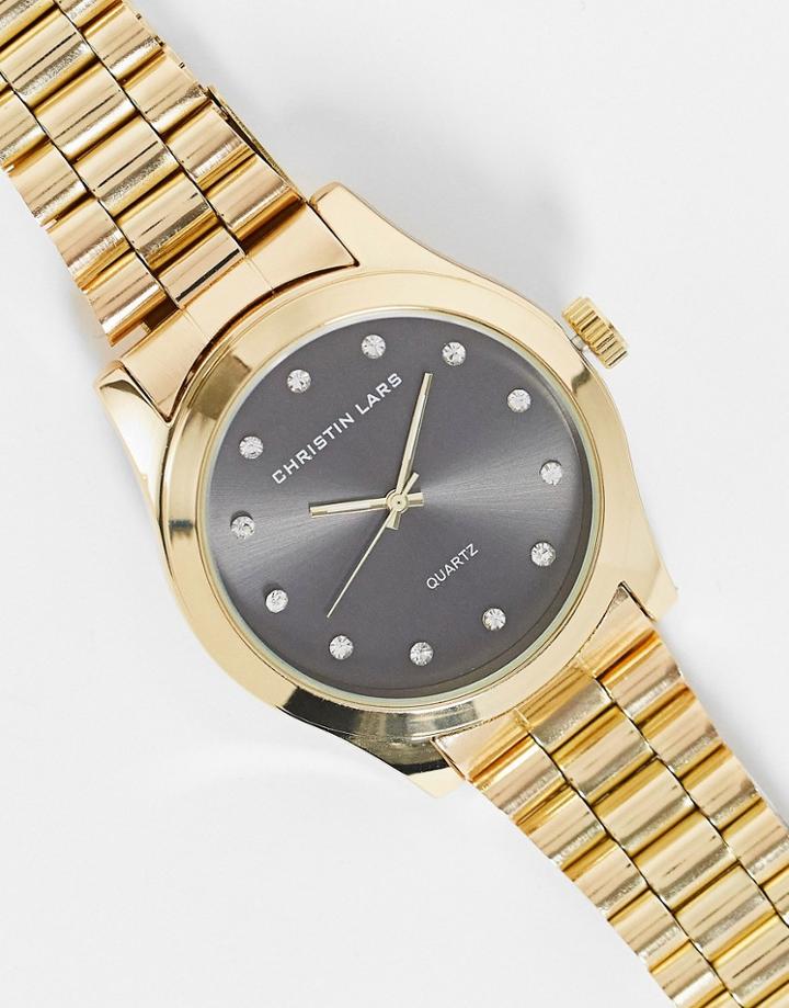 Christian Lars Womens Chunky Link Strap Watch With Diamante Rhinestone In Black And Gold