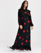 Nobody's Child Ruffle Shoulder Maxi Dress In Star Print-black