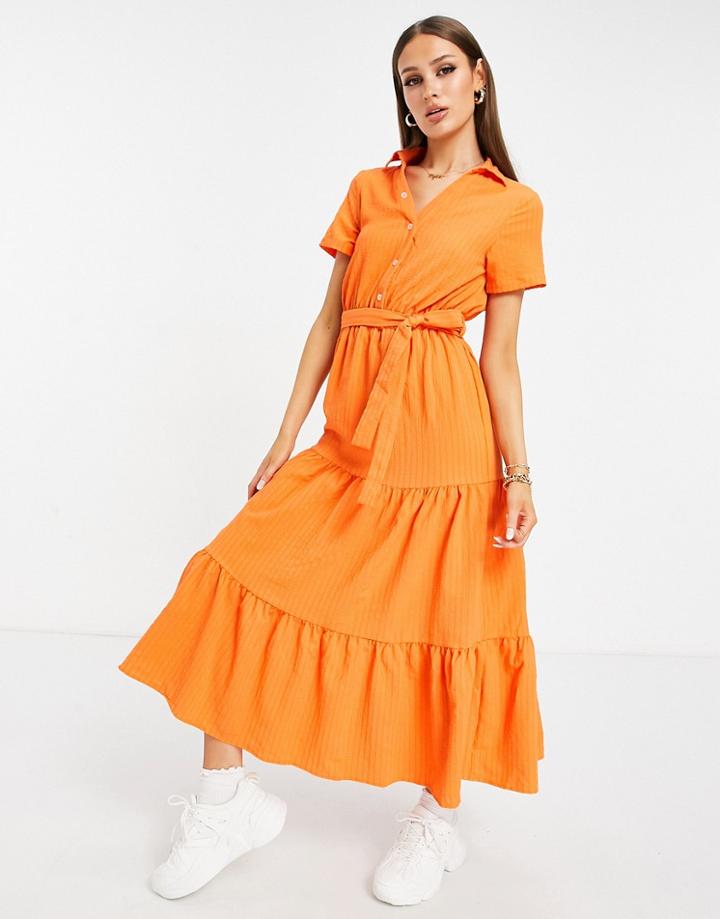 Unique21 Tiered Woven Shirt Midi Dress In Tangerine-orange