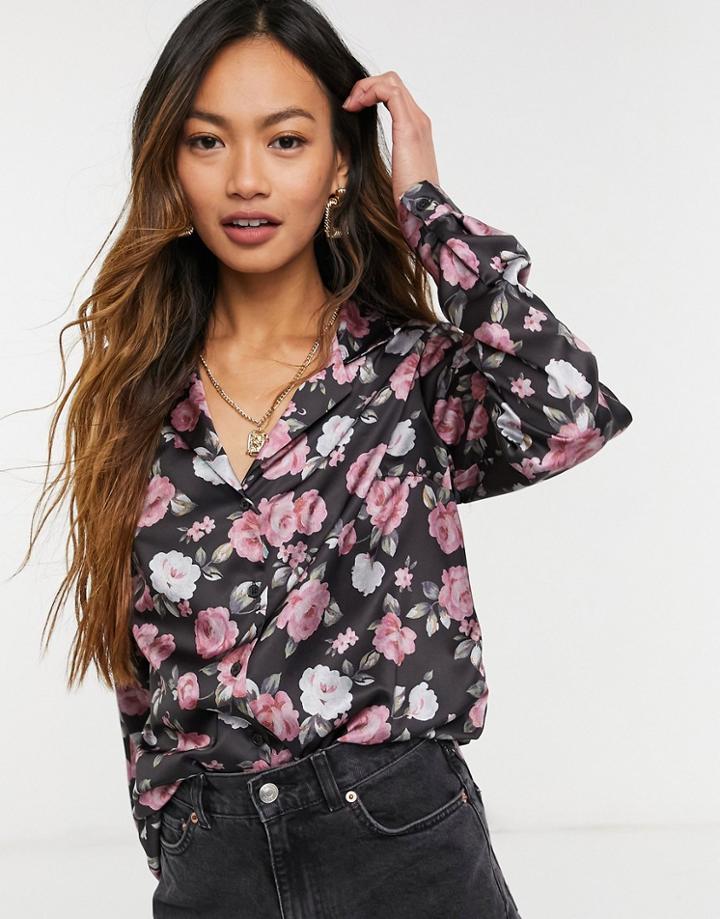 Asos Design Satin Shirt In Rose Print-multi