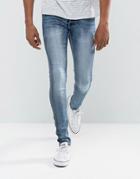 Solid Skinny Jeans In Mid Wash Blue With Stretch - Blue