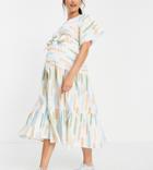Asos Design Maternity Tiered Belted Midi Dress In Cotton Poplin In Abstract Print-multi
