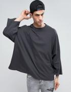 Asos Extreme Oversized Boxy 3/4 Sleeve T-shirt With Wide Sleeves In Washed Black - Black