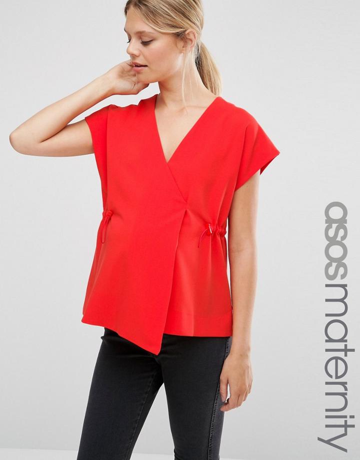 Asos Maternity Obi Wrap Top With Drawstring Waist - Red
