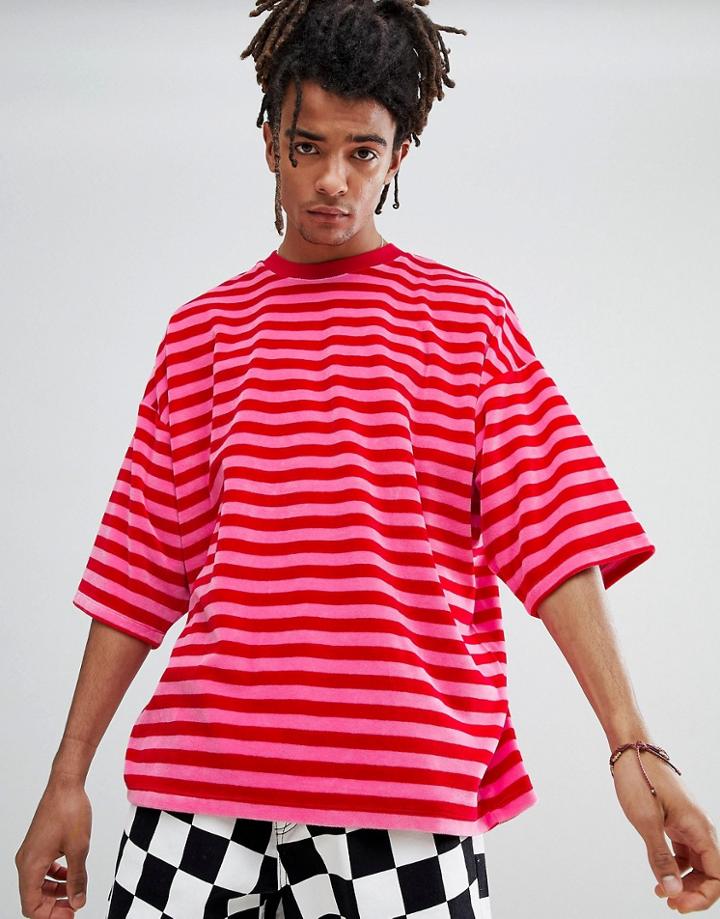 Asos Design Oversized Striped T-shirt In Velour - Pink