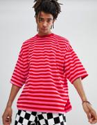 Asos Design Oversized Striped T-shirt In Velour - Pink