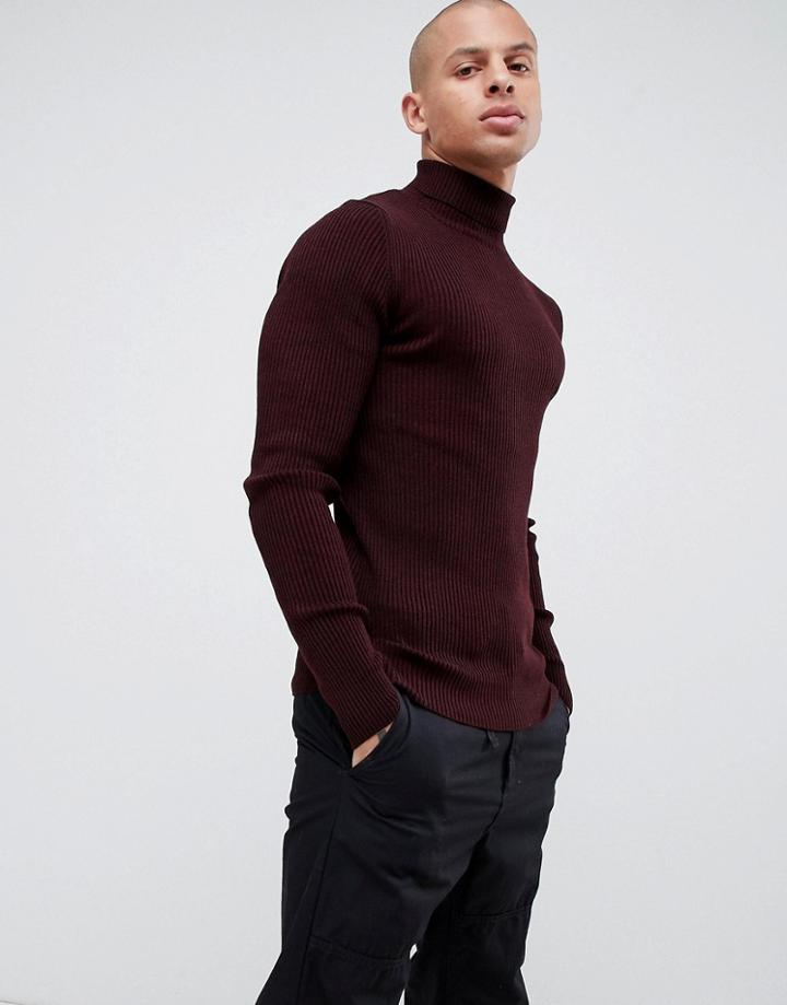Asos Design Muscle Fit Ribbed Roll Neck Sweater In Burgundy - Red