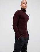 Asos Design Muscle Fit Ribbed Roll Neck Sweater In Burgundy - Red