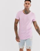 Asos Design Longline T-shirt With Scoop Neck And Curved Hem In Linen Mix In Lilac-purple