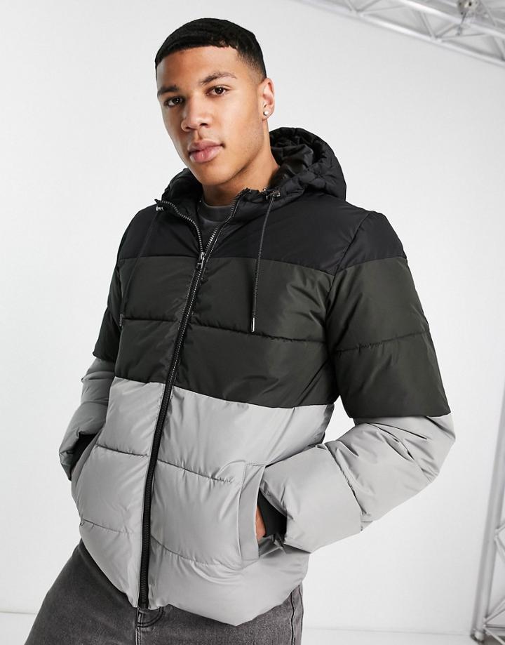 Only & Sons Color Block Puffer Jacket With Hood In Black & Gray