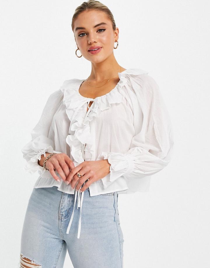 Asos Design Ruffle Blouse With Tie Front In Ivory-white