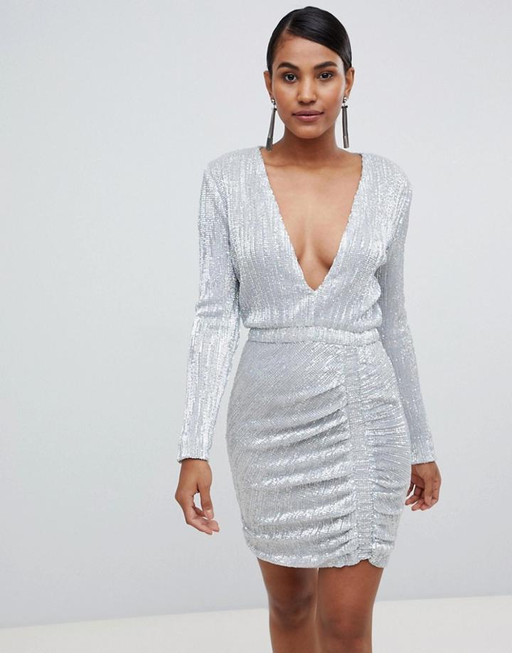 Lavish Alice Sequin Embellished Mini Dress In Silver Iridescent - Silver
