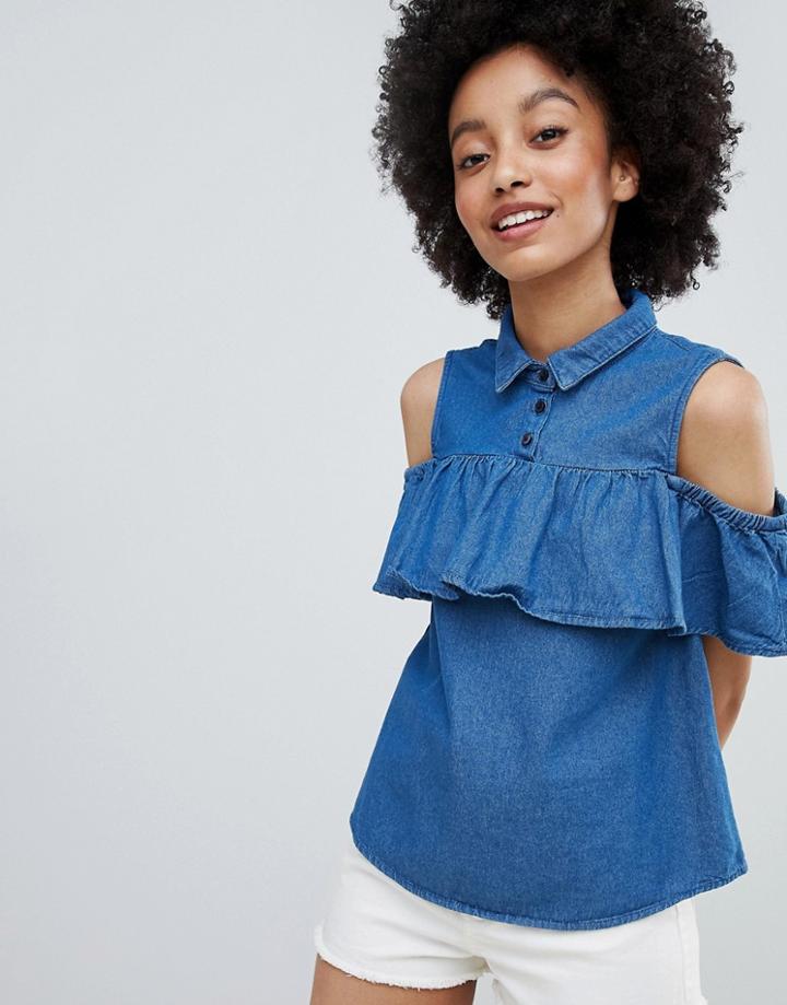 Monki Ruffle Bardot Denim Shirt - Blue