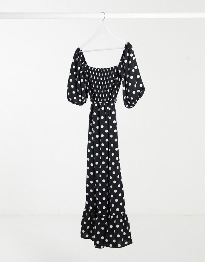 Lola May Polka Dot Smock Maxi Dress With Puff Sleeves-black