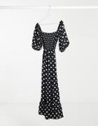 Lola May Polka Dot Smock Maxi Dress With Puff Sleeves-black