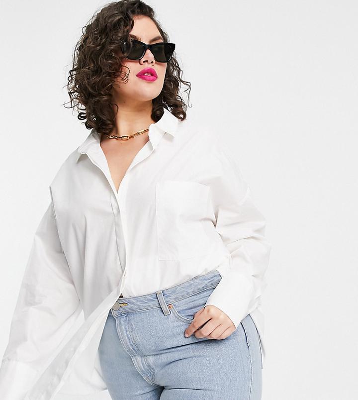 Asos Design Curve Long Sleeve Boyfriend Shirt In White