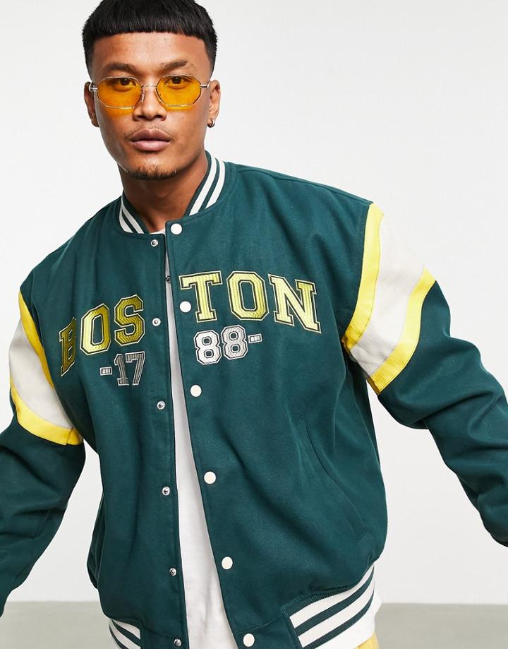 Asos Design Oversized Wool Mix Varsity Bomber Jacket In Green