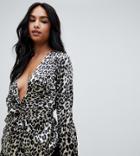 Missguided Satin Drape Blouse In Leopard - Brown