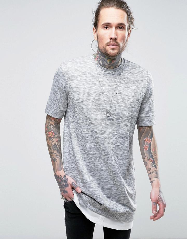 Asos Super Longline T-shirt In Textured Fabric With Shirt Hem Extender - Gray