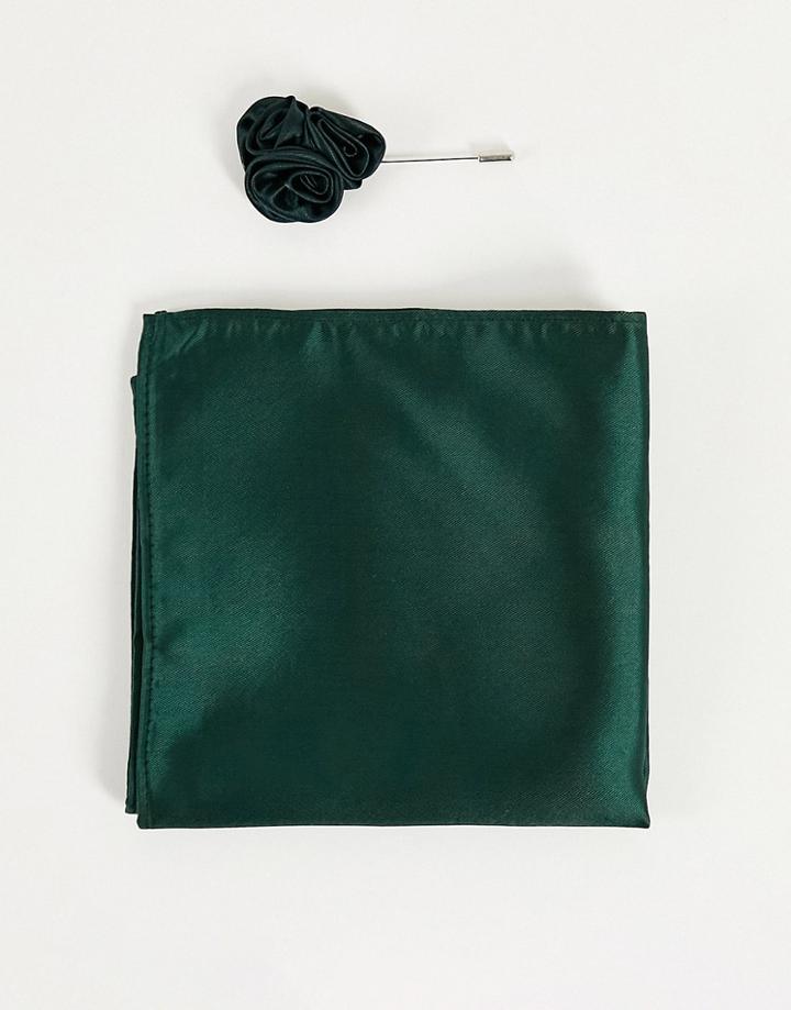 Gianni Feraud Wedding Plain Floral Lapel Pin With Pocket Square In Green