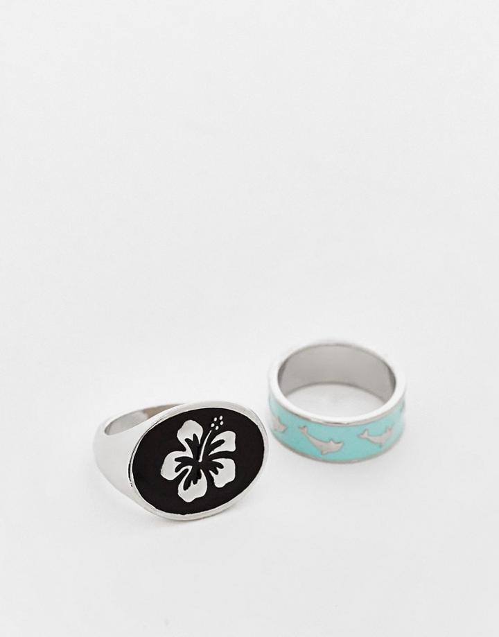 Reclaimed Vintage Inspired Unisex Hibiscus And Dolphin Ring-silver