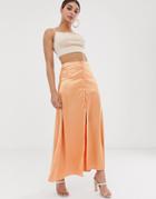Asos Design Button Front Maxi Skirt In Satin - Orange