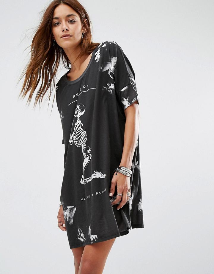 Religion Oversized T-shirt Dress With Praying Skull Print - Black