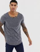 Asos Design Longline T-shirt With Curved Hem And Scoop Neck In Interest Fabric - Navy