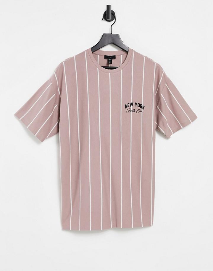 New Look Vertical Striped T-shirt With Ny Embroidery In Pink