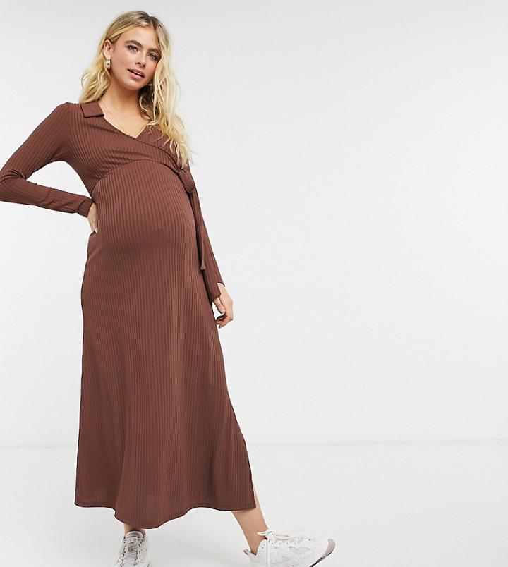 Asos Design Maternity Rib Maxi Wrap Dress With Long Sleeves In Chocolate Brown