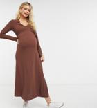Asos Design Maternity Rib Maxi Wrap Dress With Long Sleeves In Chocolate Brown