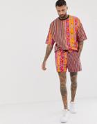 Asos Design Two-piece Slim Shorter Shorts In Abstract & Stripe Print - Orange