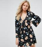 Influence Tall Flared Sleeve Frill Wrap Floral Dress - Multi