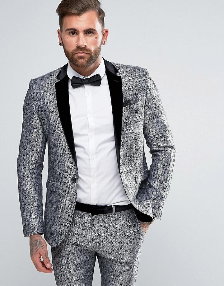 Asos Skinny Tuxedo Suit Jacket In Silver Leopard Print - Silver
