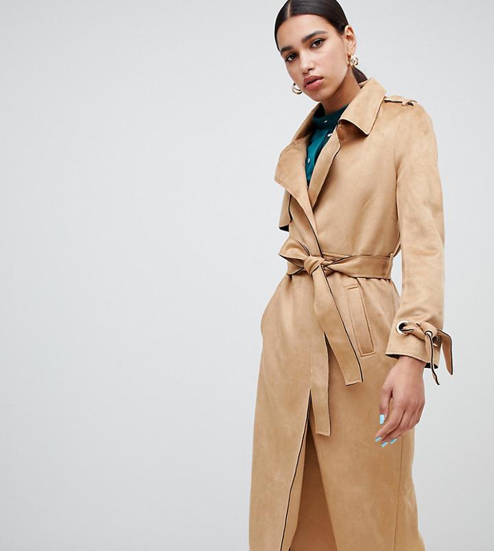 River Island Faux Suede Belted Trench Coat In Camel - Beige