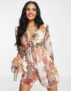 Asos Design Chiffon Tie Detail Romper In Mixed Animal Rose Print-multi