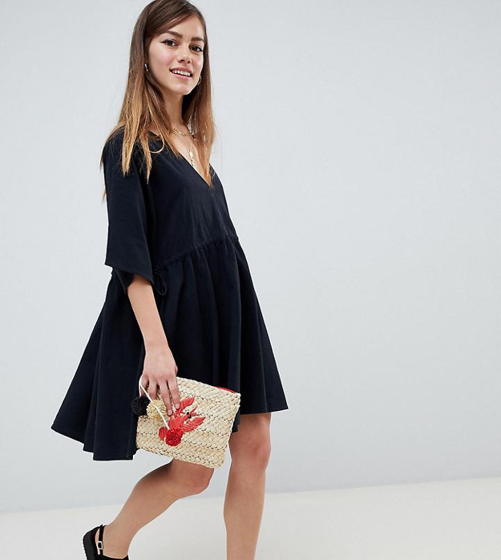 Asos Design Petite V Front V Back Smock Mini Dress With Ruched Tie Detail - Black