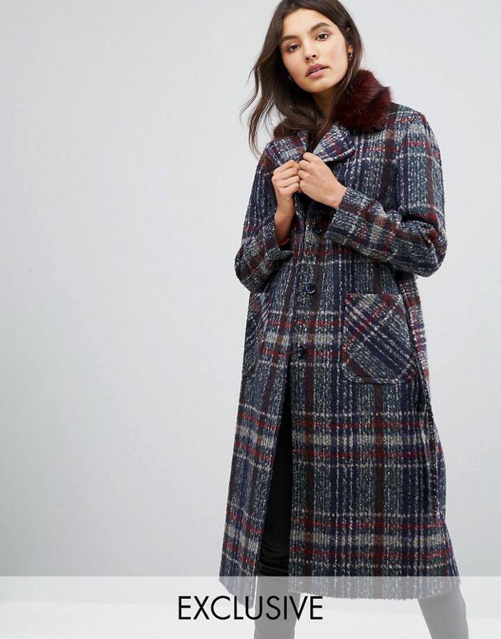 Helene Berman Faux Fur Collar Long Coat - Purple
