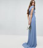 Tfnc Tall Bardot Maxi Bridesmaid Dress With Fishtail And Embellished Waist - Blue