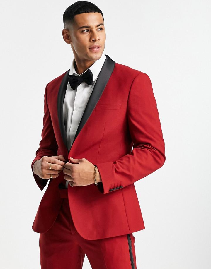 Asos Design Skinny Tuxedo Jacket In Red With Black Lapel