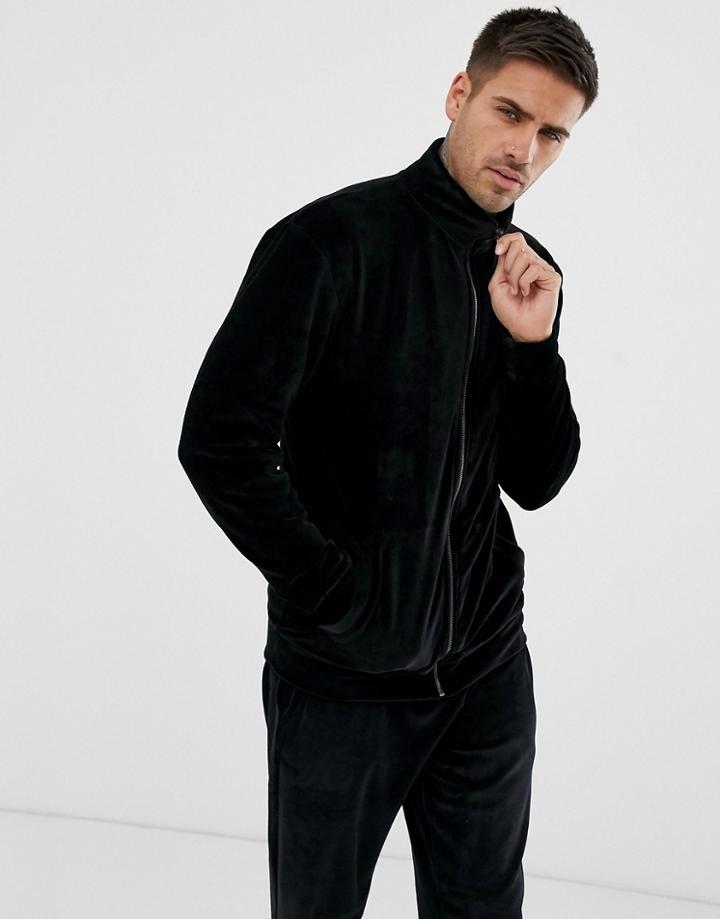 Pull & Bear Velour Track Jacket In Black - Black