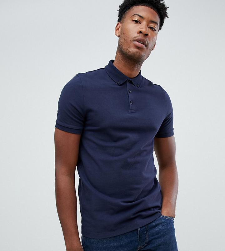 Asos Design Tall Pique Polo With Button Down Collar In Navy - Navy