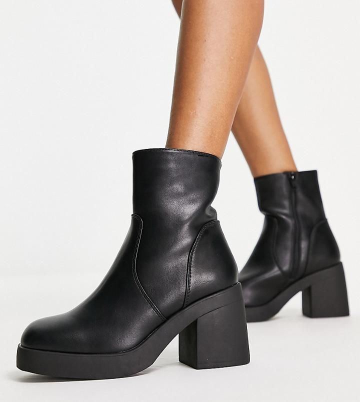 Truffle Collection Wide Fit Square Toe Block Heeled Ankle Boots In Black