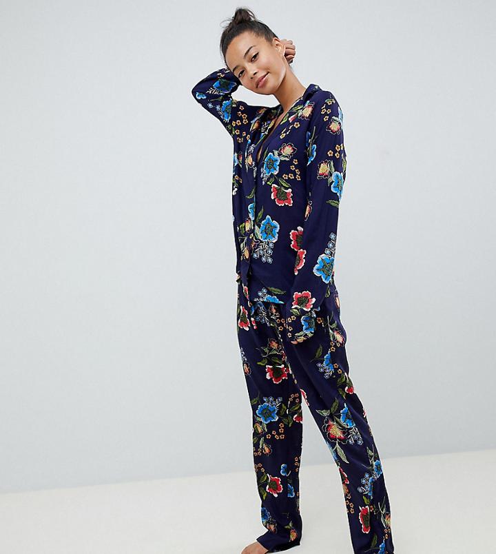 Asos Design Tall Abstract Navy Floral Traditional 100% Modal Pants Set - Navy