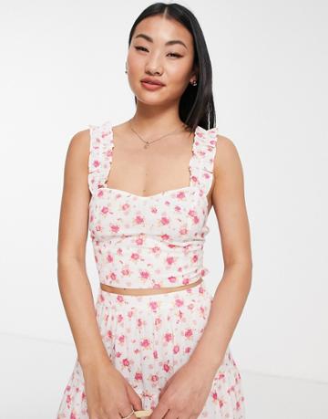 Miss Selfridge Linen Look Frill Strap Cami Top In Pink Ditsy-white