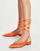 Asos Design Lucent Pointed Tie Leg Ballet Flats In Orange Satin