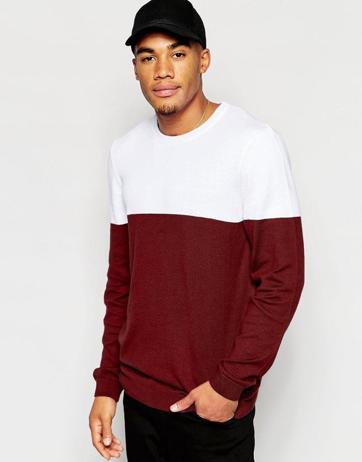 Asos Color Block Crew Neck Sweater In Cotton - White